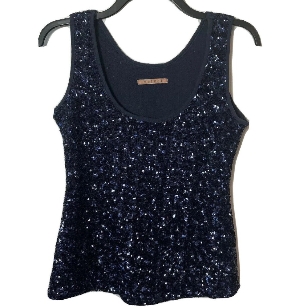 Velvet by Graham & Spencer Sequins Tank Top Womens S Blue Scoop Neck Sleeveless